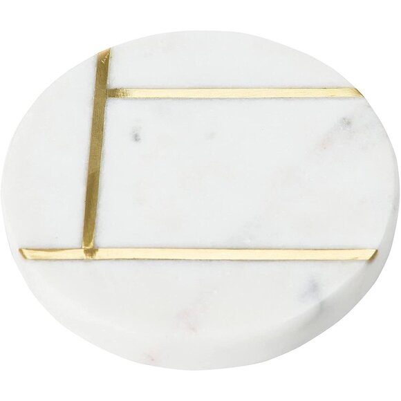 Creative Co-Op Round Marble Coasters with Brass Inlay, White, Set of 4/NWT - Picture 4 of 11